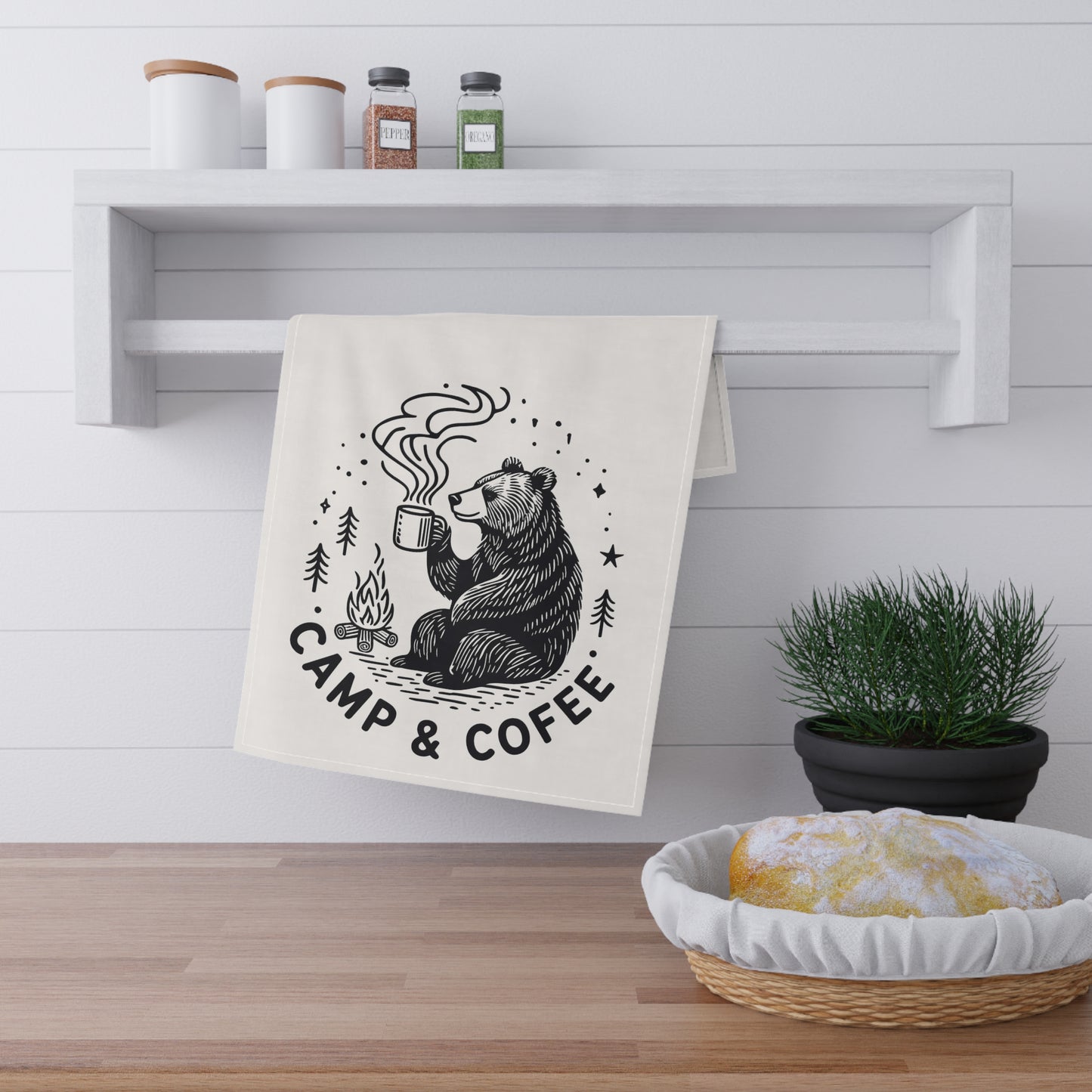 Camp & Coffee Tea Towel — Rustic Bear Camping Kitchen Towel