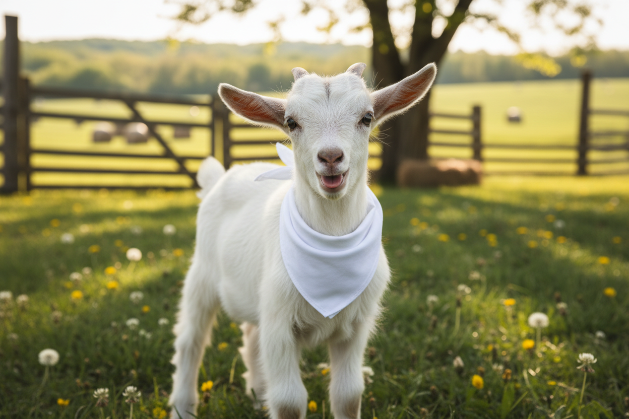 baby goat wearing a white bandana